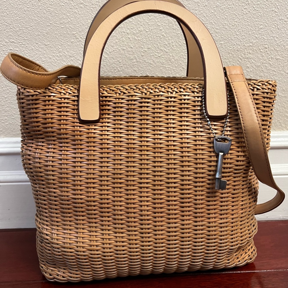 Vintage Fossil Woven All Leather Tan Purse Handbag Bag Top Handles Shoulder